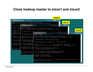 Big Data Hadoop
Clone hadoop master to slave1 and slave2
master
slave1
slave2
 