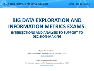 II"Simpósio"Internacional"Network"Science 2018"– Rio"de"Janeiro
BIG$DATA$EXPLORATION$AND$
INFORMATION$METRICS$EXAMS:
INTERSECTIONS$AND$ANALYSIS$TO$SUPPORT$TO$
DECISION6MAKING
Rafael Barcellos Gomes
Master's degree student in Information Science at PPGCI – IBICT/UFRJ
rafaelbarcellos@ufrj.br
Vânia Lisboa da Silveira Guedes
Post-Doctorate in Linguistics and Post-Graduation in Information Science – UFRJ
vanialisboa@facc.ufrj.br
 
