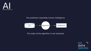 AI
AlgorithmData Prediction
The prediction resembles human intelligence
The origin of the algorithm is not important
Artificial Intelligence
 