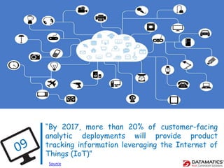 “By 2017, more than 20% of customer-facing
analytic deployments will provide product
tracking information leveraging the Internet of
Things (IoT)”
Source
 