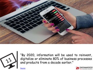 “By 2020, information will be used to reinvent,
digitalize or eliminate 80% of business processes
and products from a decade earlier.”
Source
 