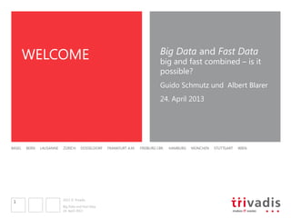 2013 © Trivadis
BASEL BERN LAUSANNE ZÜRICH DÜSSELDORF FRANKFURT A.M. FREIBURG I.BR. HAMBURG MÜNCHEN STUTTGART WIEN 
WELCOME Big Data and Fast Data
big and fast combined – is it
possible?
Guido Schmutz und Albert Blarer
24. April 2013
24. April 2013
Big Data und Fast Data
1
 