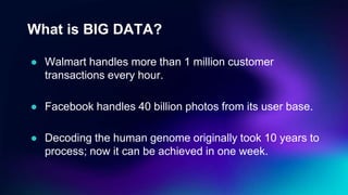 What is BIG DATA?
● Walmart handles more than 1 million customer
transactions every hour.
● Facebook handles 40 billion photos from its user base.
● Decoding the human genome originally took 10 years to
process; now it can be achieved in one week.
 