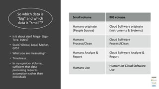 So which data is
“big” and which
data is “small”?
• Is it about size? Mega- Giga-
Tera- bytes?
• Scale? Global, Local, Market,
GPS?
• What you are measuring?
• Timeliness…
• In my opinion- Volume,
sufficient that data
processing requires
automation rather than
individuals
Small volume BIG volume
Humans originate
(People Source)
Cloud Software originate
(Instruments & Systems)
Humans
Process/Clean
Cloud Software
Process/Clean
Humans Analyze &
Report
Cloud Software Analyze &
Report
Humans Use
Humans or Cloud Software
Use
 