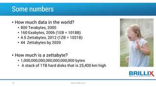 Some numbers
• How much data in the world?
• 800 Terabytes, 2000
• 160 Exabytes, 2006 (1EB = 1018B)
• 4.5 Zettabytes, 2012 (1ZB = 1021B)
• 44 Zettabytes by 2020
• How much is a zettabyte?
• 1,000,000,000,000,000,000,000 bytes
• A stack of 1TB hard disks that is 25,400 km high
http://brillix.co.il16
 