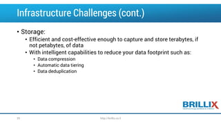 Infrastructure Challenges (cont.)
• Storage:
• Efficient and cost-effective enough to capture and store terabytes, if
not petabytes, of data
• With intelligent capabilities to reduce your data footprint such as:
• Data compression
• Automatic data tiering
• Data deduplication
35 http://brillix.co.il
 
