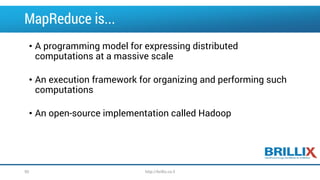 MapReduce is...
• A programming model for expressing distributed
computations at a massive scale
• An execution framework for organizing and performing such
computations
• An open-source implementation called Hadoop
50 http://brillix.co.il
 