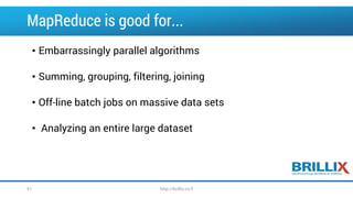 MapReduce is good for...
• Embarrassingly parallel algorithms
• Summing, grouping, filtering, joining
• Off-line batch jobs on massive data sets
• Analyzing an entire large dataset
51 http://brillix.co.il
 