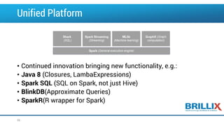Unified Platform
• Continued innovation bringing new functionality, e.g.:
• Java 8 (Closures, LambaExpressions)
• Spark SQL (SQL on Spark, not just Hive)
• BlinkDB(Approximate Queries)
• SparkR(R wrapper for Spark)
56
 