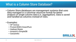 What is a Column Store Database?
• Column Store databases are management systems that uses
data managed in a columnar structure format for better
analysis of single column data (i.e. aggregation). Data is saved
and handled as columns instead of rows.
• Examples:
• HP Vertica
• Pivotal (EMC) GreenPlum
• Hadoop Hbase
• Amazon’s SimpleDB
• Cassandra
http://brillix.co.il67
 