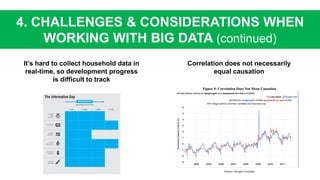 4. CHALLENGES & CONSIDERATIONS WHEN
WORKING WITH BIG DATA (continued)
It’s hard to collect household data in
real-time, so development progress
is difficult to track
Correlation does not necessarily
equal causation
 