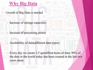 Why Big Data
• Growth of Big Data is needed
– Increase of storage capacities
– Increase of processing power
– Availability of data(different data types)
– Every day we create 2.5 quintillion bytes of data; 90% of
the data in the world today has been created in the last two
years alone
 