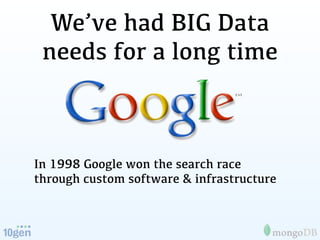 We’ve had BIG Data
 needs for a long time



In 1998 Google won the search race
through custom software & infrastructure
 