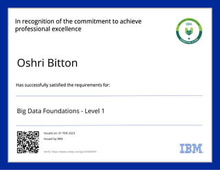 Oshri Bitton
Big Data Foundations - Level 1
Issued on: 01 FEB 2023
Issued by IBM
Verify: https://www.credly.com/go/3U5MI5NY
Powered by TCPDF (www.tcpdf.org)
 