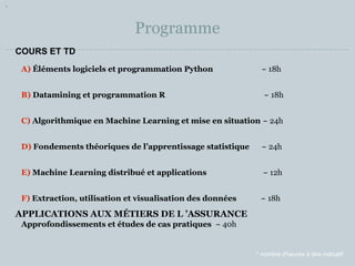 Programme 
A) Éléments logiciels et programmation Python ~ 18h 
B) Datamining et programmation R ~ 18h 
C) Algorithmique en Machine Learning et mise en situation ~ 24h 
D) Fondements théoriques de l’apprentissage statistique ~ 24h 
E) Machine Learning distribué et applications ~ 12h 
F) Extraction, utilisation et visualisation des données ~ 18h 
Approfondissements et études de cas pratiques ~ 40h 
* nombre d'heures à titre indicatif 
COURS ET TD 
APPLICATIONS AUX MÉTIERS DE L ’ASSURANCE 
 