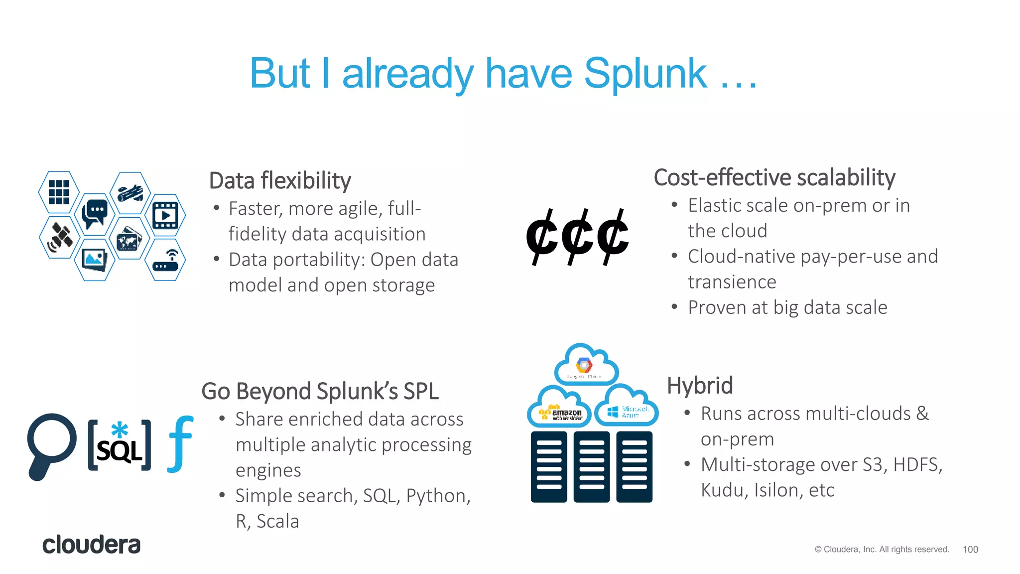 100© Cloudera, Inc. All rights reserved.
But I already have Splunk …
Go Beyond Splunk’s SPL
• Share enriched data across
multiple analytic processing
engines
• Simple search, SQL, Python,
R, Scala
Data flexibility
• Faster, more agile, full-
fidelity data acquisition
• Data portability: Open data
model and open storage
Cost-effective scalability
• Elastic scale on-prem or in
the cloud
• Cloud-native pay-per-use and
transience
• Proven at big data scale
Hybrid
• Runs across multi-clouds &
on-prem
• Multi-storage over S3, HDFS,
Kudu, Isilon, etc
¢¢¢
 
