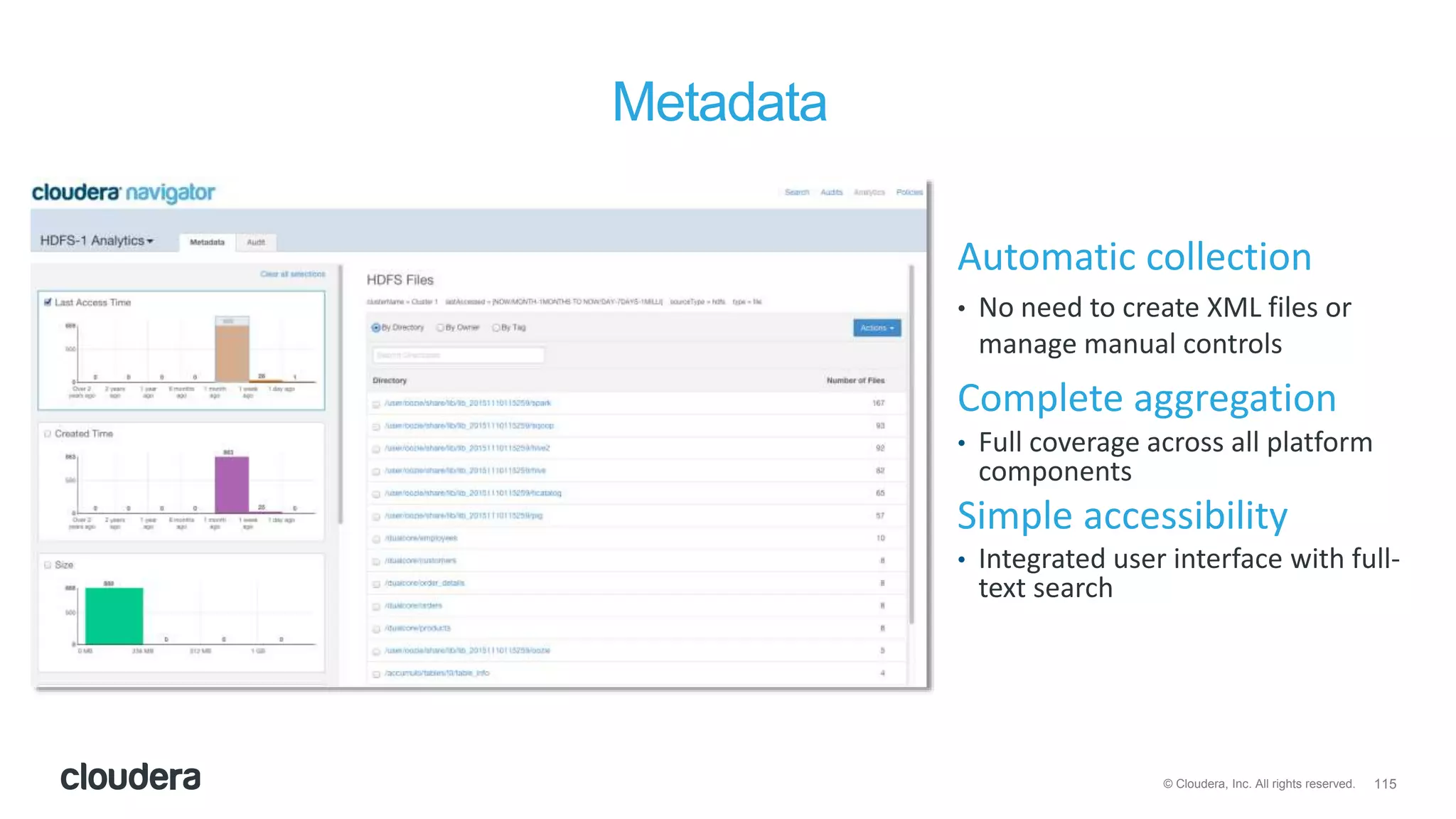 115© Cloudera, Inc. All rights reserved.
Metadata
Automatic collection
• No need to create XML files or
manage manual controls
Complete aggregation
• Full coverage across all platform
components
Simple accessibility
• Integrated user interface with full-
text search
 
