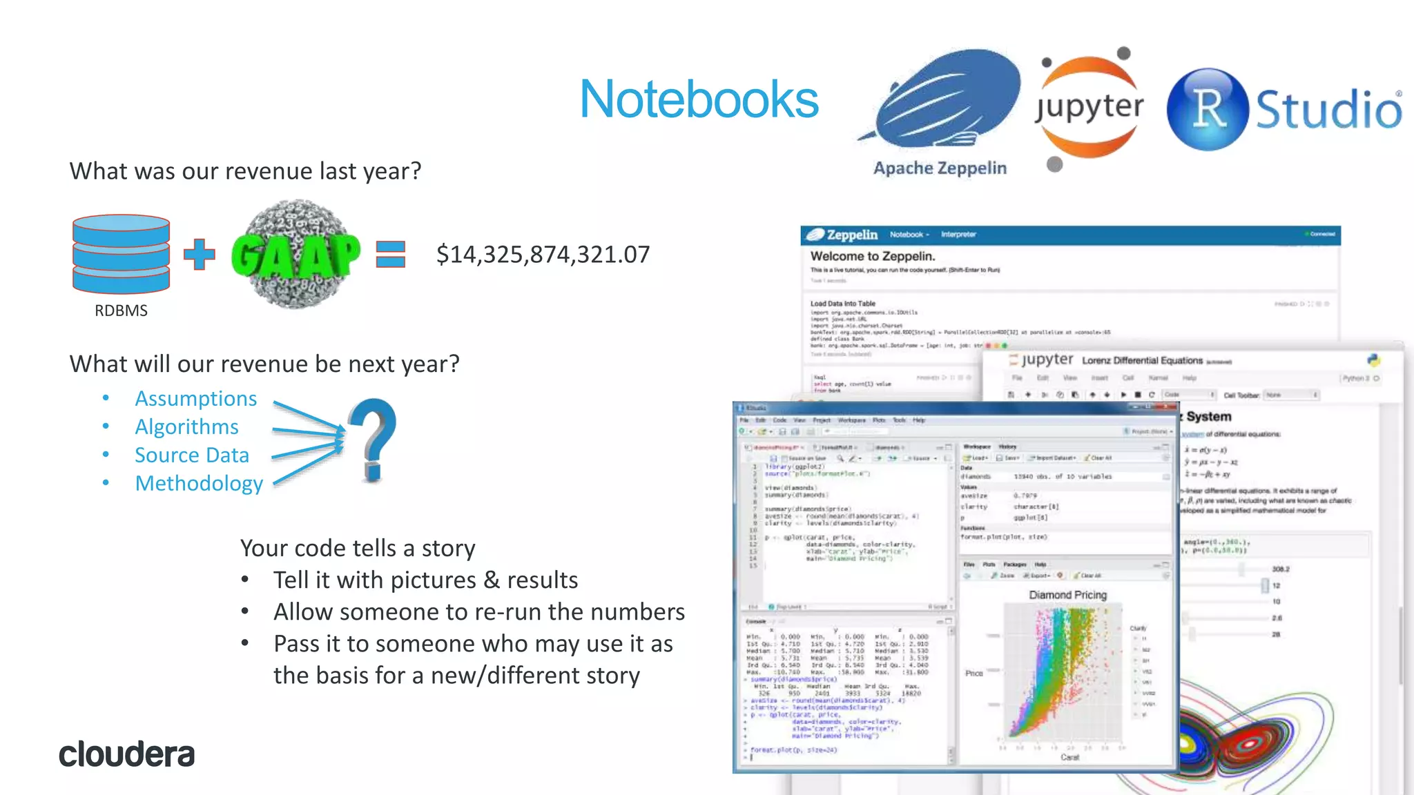 70© Cloudera, Inc. All rights reserved.
Notebooks
What was our revenue last year?
RDBMS
$14,325,874,321.07
What will our revenue be next year?
• Assumptions
• Algorithms
• Source Data
• Methodology
Your code tells a story
• Tell it with pictures & results
• Allow someone to re-run the numbers
• Pass it to someone who may use it as
the basis for a new/different story
 
