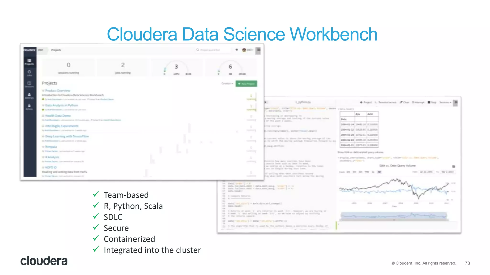 73© Cloudera, Inc. All rights reserved.
Cloudera Data Science Workbench
 Team-based
 R, Python, Scala
 SDLC
 Secure
 Containerized
 Integrated into the cluster
 