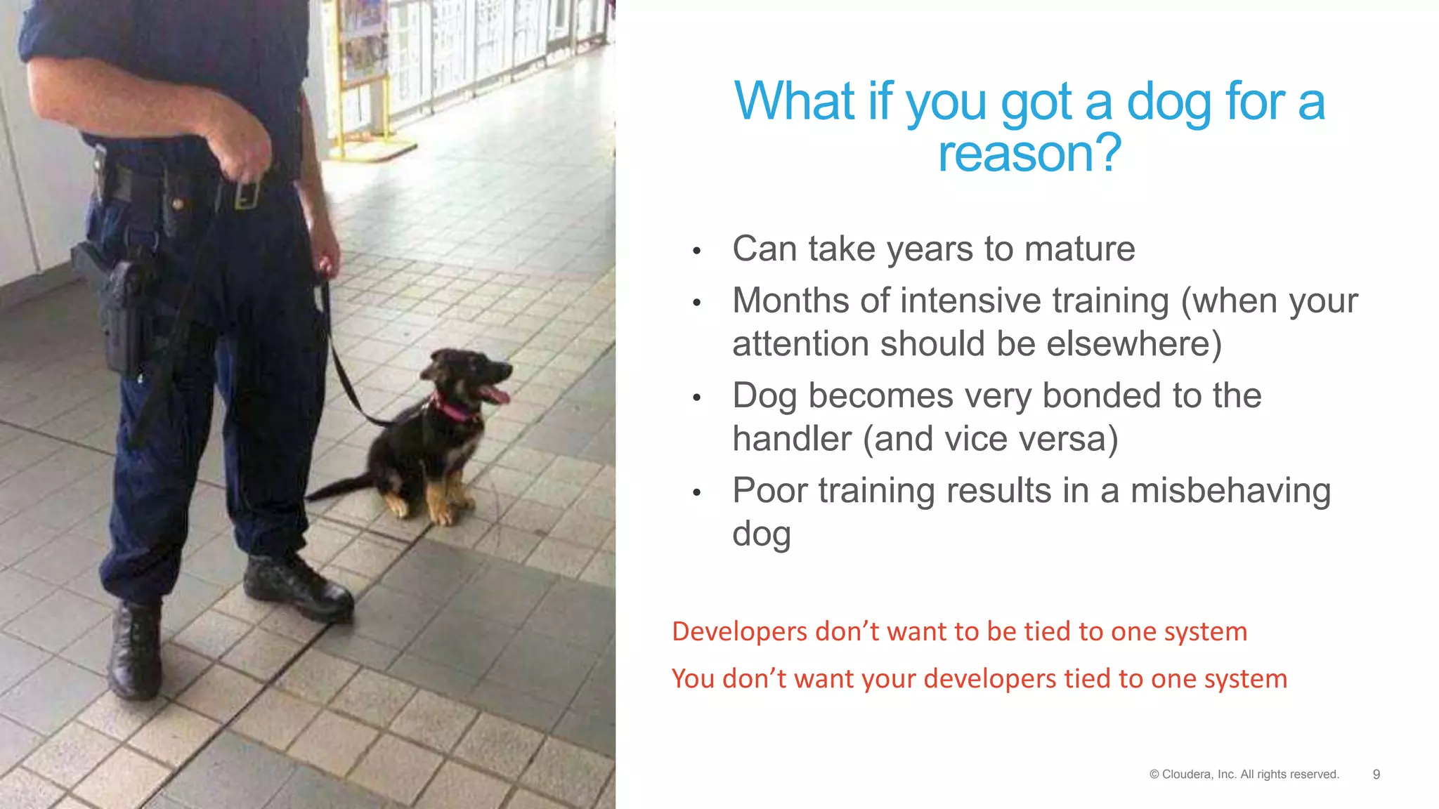 9© Cloudera, Inc. All rights reserved.
What if you got a dog for a
reason?
• Can take years to mature
• Months of intensive training (when your
attention should be elsewhere)
• Dog becomes very bonded to the
handler (and vice versa)
• Poor training results in a misbehaving
dog
Developers don’t want to be tied to one system
You don’t want your developers tied to one system
 