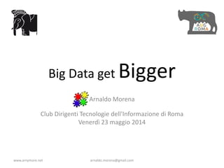Big Data get Bigger
Arnaldo Morena
Club Dirigenti Tecnologie dell'Informazione di Roma
Venerdì 23 maggio 2014
www.arnymore.net arnaldo.morena@gmail.com
 