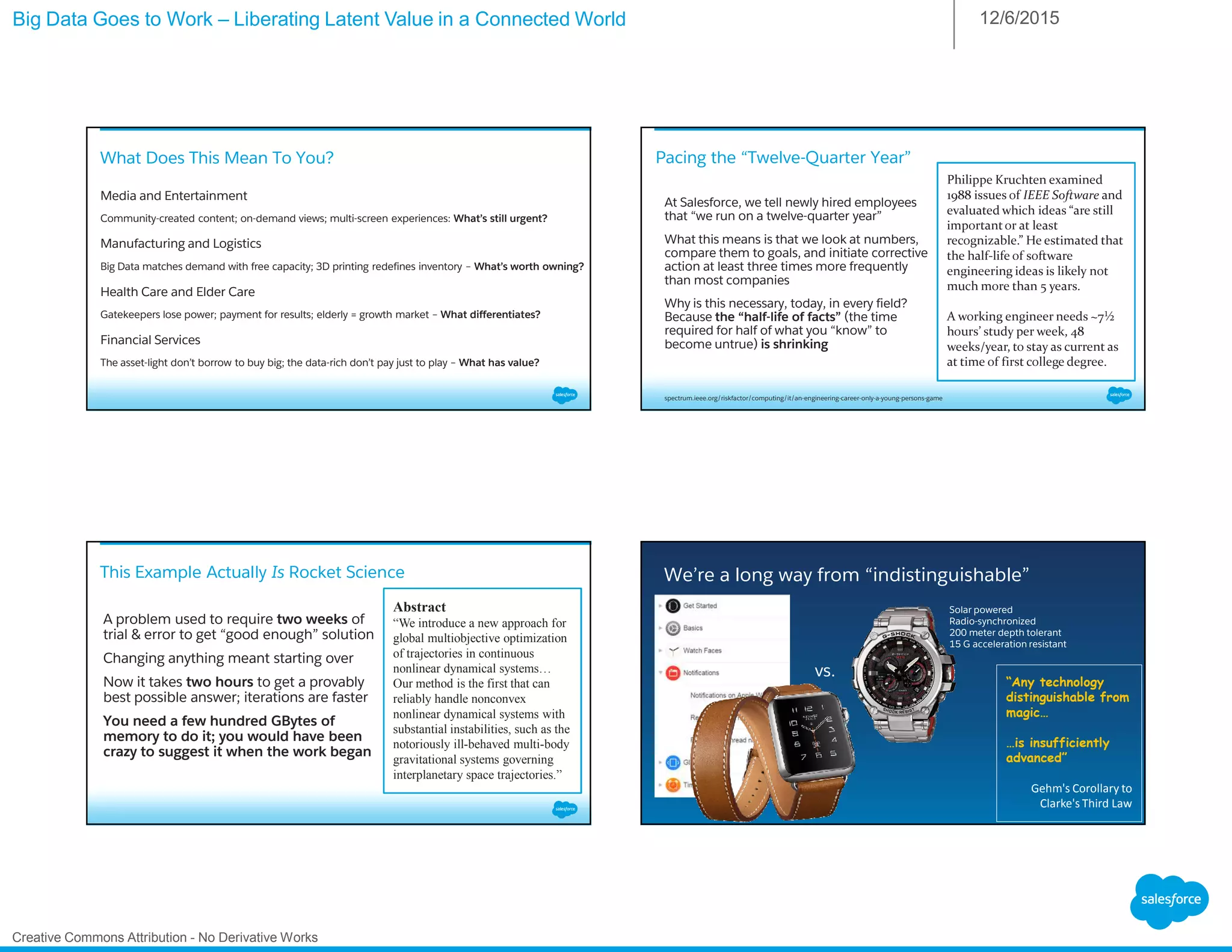 Big Data Goes to Work – Liberating Latent Value in a Connected World 12/6/2015
Creative Commons Attribution - No Derivative Works
What Does This Mean To You?
Media and Entertainment
Community-created content; on-demand views; multi-screen experiences: What’s still urgent?
Manufacturing and Logistics
Big Data matches demand with free capacity; 3D printing redefines inventory – What’s worth owning?
Health Care and Elder Care
Gatekeepers lose power; payment for results; elderly = growth market – What differentiates?
Financial Services
The asset-light don’t borrow to buy big; the data-rich don’t pay just to play – What has value?
Pacing the “Twelve-Quarter Year”
At Salesforce, we tell newly hired employees
that “we run on a twelve-quarter year”
What this means is that we look at numbers,
compare them to goals, and initiate corrective
action at least three times more frequently
than most companies
Why is this necessary, today, in every field?
Because the “half-life of facts” (the time
required for half of what you “know” to
become untrue) is shrinking
Philippe Kruchten examined
1988 issues of IEEE Software and
evaluated which ideas “are still
importantor at least
recognizable.” He estimated that
the half-life of software
engineering ideas is likely not
much more than 5 years.
A working engineer needs ~7½
hours’ study per week, 48
weeks/year, to stay as current as
at time of first college degree.
spectrum.ieee.org/riskfactor/computing/it/an-engineering-career-only-a-young-persons-game
A problem used to require two weeks of
trial & error to get “good enough” solution
Changing anything meant starting over
Now it takes two hours to get a provably
best possible answer; iterations are faster
You need a few hundred GBytes of
memory to do it; you would have been
crazy to suggest it when the work began
This Example Actually Is Rocket Science
Abstract
“We introduce a new approach for
global multiobjective optimization
of trajectories in continuous
nonlinear dynamical systems…
Our method is the first that can
reliably handle nonconvex
nonlinear dynamical systems with
substantial instabilities, such as the
notoriously ill-behaved multi-body
gravitational systems governing
interplanetary space trajectories.”
We’re a long way from “indistinguishable”
vs.
“Any technology
distinguishable from
magic…
…is insufficiently
advanced”
Gehm's Corollary to
Clarke's Third Law
Solar powered
Radio-synchronized
200 meter depth tolerant
15 G acceleration resistant
 