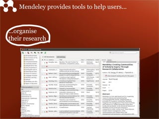 Mendeley provides tools to help users...


...organise
their research
 