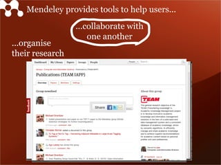 Mendeley provides tools to help users...
                 ...collaborate with
                     one another
...organise
their research
 