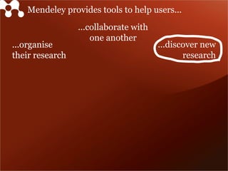 Mendeley provides tools to help users...
                 ...collaborate with
                     one another
...organise                            ...discover new
their research                                research
 