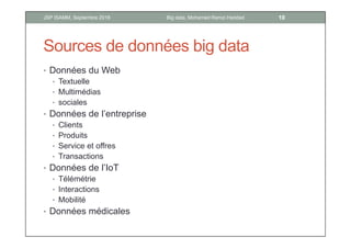 Sources de données big data
• Données du Web
• Textuelle
• Multimédias
• sociales
• Données de l’entreprise
• Clients
• Produits
• Service et offres
• Transactions
• Données de l’IoT
• Télémétrie
• Interactions
• Mobilité
• Données médicales
10Big data, Mohamed Ramzi HaddadJSP ISAMM, Septembre 2018
 