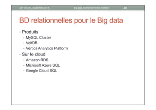 BD relationnelles pour le Big data
• Produits
• MySQL Cluster
• VoltDB
• Vertica Analytics Platform
• Sur le cloud
• Amazon RDS
• Microsoft Azure SQL
• Google Cloud SQL
30Big data, Mohamed Ramzi HaddadJSP ISAMM, Septembre 2018
 