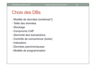 Choix des DBs
• Modèle de données (schémas?)
• Taille des données
• Stockage
• Compromis CAP
• Atomicité des transactions
• Contrôle de concurrence (locks)
• Indexation
• Données parcimonieuses
• Modèle de programmation
31Big data, Mohamed Ramzi HaddadJSP ISAMM, Septembre 2018
 