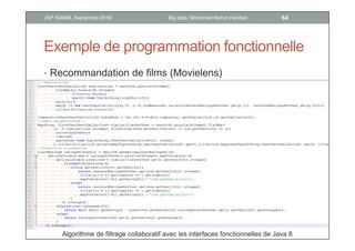 Exemple de programmation fonctionnelle
• Recommandation de films (Movielens)
Algorithme de filtrage collaboratif avec les interfaces fonctionnelles de Java 8
64Big data, Mohamed Ramzi HaddadJSP ISAMM, Septembre 2018
 