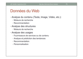 Données du Web
• Analyse du contenu (Texte, Image, Vidéo, etc.):
• Moteurs de recherche
• Recommandation
• Analyse des structures
• Moteurs de recherche
• Analyse des usages
• Fournisseurs de services ou de contenu
• Analyse et prédiction des tendances
• Recommandation
• Personnalisation
71Big data, Mohamed Ramzi HaddadJSP ISAMM, Septembre 2018
 
