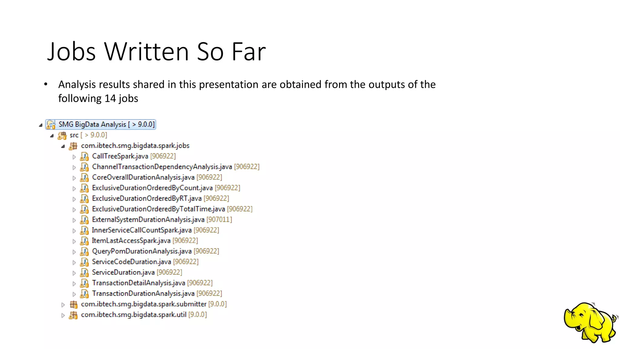 Jobs Written So Far
• Analysis results shared in this presentation are obtained from the outputs of the
following 14 jobs
 