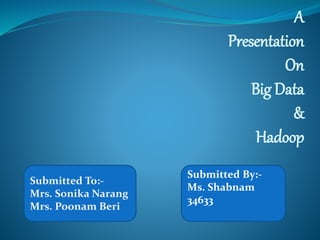 A
Presentation
On
Big Data
&
Hadoop
Submitted To:-
Mrs. Sonika Narang
Mrs. Poonam Beri
Submitted By:-
Ms. Shabnam
34633
 