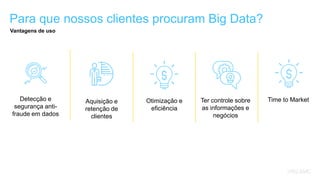 Dell - Confidential
Para que nossos clientes procuram Big Data?
Vantagens de uso
Time to MarketAquisição e
retenção de
clientes
Detecção e
segurança anti-
fraude em dados
Ter controle sobre
as informações e
negócios
Otimização e
eficiência
 