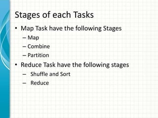Stages of each Tasks
• Map Task have the following Stages
– Map
– Combine
– Partition
• Reduce Task have the following stages
– Shuffle and Sort
– Reduce
 