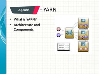 – YARN
• What is YARN?
• Architecture and
Components
 