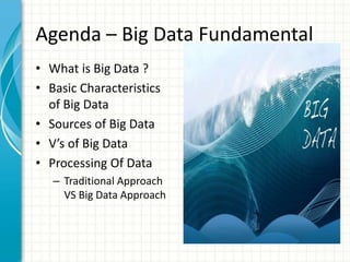 Agenda – Big Data Fundamental
• What is Big Data ?
• Basic Characteristics
of Big Data
• Sources of Big Data
• V’s of Big Data
• Processing Of Data
– Traditional Approach
VS Big Data Approach
 