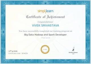 VIVEK SRIVASTAVA
1 Project passed
Big Data Hadoop and Spark Developer
12th Jul 2020
Certificate code : 2034226
 