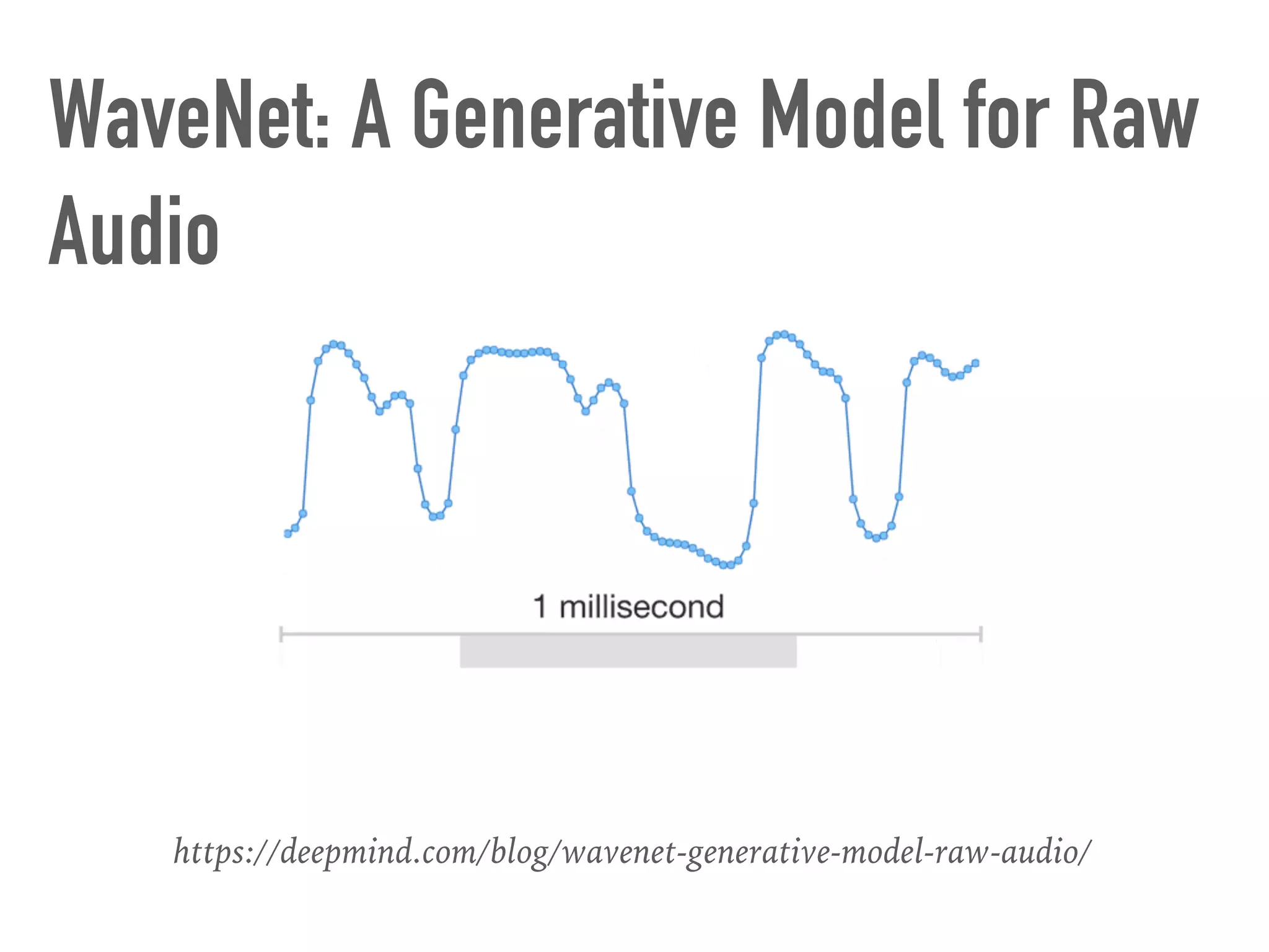 WaveNet: A Generative Model for Raw
Audio
https://deepmind.com/blog/wavenet-generative-model-raw-audio/
 