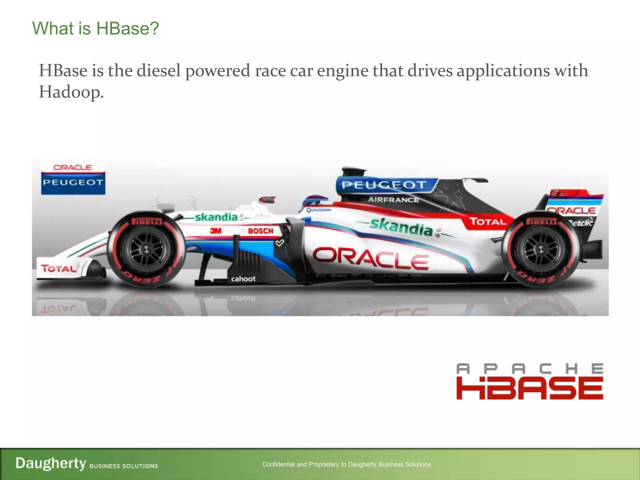 Confidential and Proprietary to Daugherty Business Solutions
HBase is the diesel powered race car engine that drives applications with
Hadoop.
What is HBase?
 