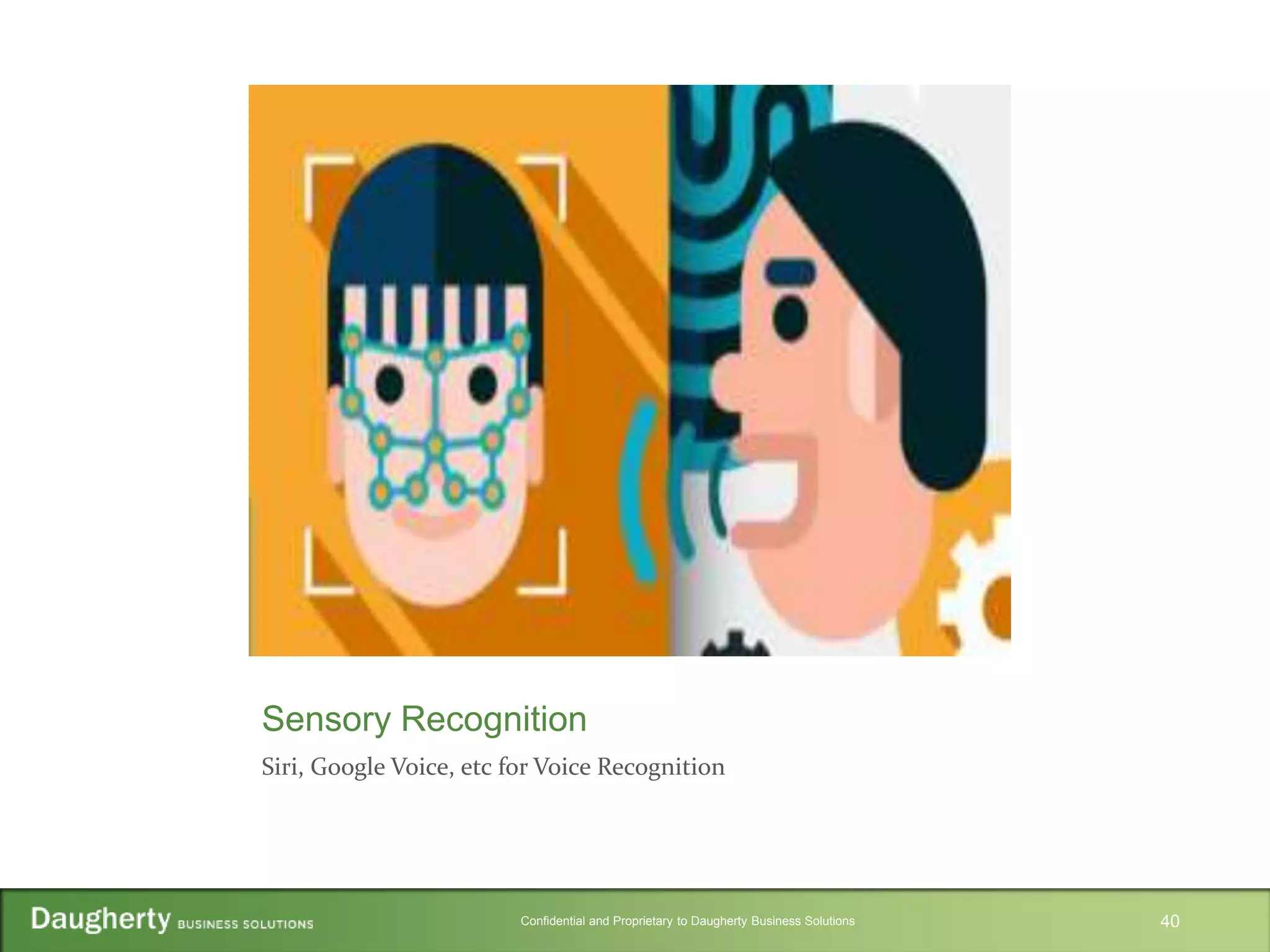 Confidential and Proprietary to Daugherty Business Solutions
Sensory Recognition
Siri, Google Voice, etc for Voice Recognition
40
 