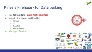 Kinesis Firehose - for Data parking
● Not for fast lane - no in flight analytics
● Ingest , transform and load to:
○ Kinesis
○ S3
○ Redshift
○ elastic search
● Managed Service
 