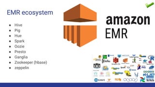 EMR ecosystem
● Hive
● Pig
● Hue
● Spark
● Oozie
● Presto
● Ganglia
● Zookeeper (hbase)
● zeppelin
 