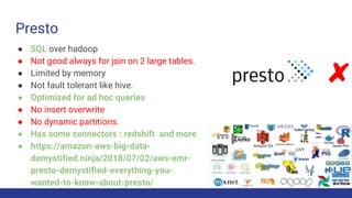 Presto
● SQL over hadoop
● Not good always for join on 2 large tables.
● Limited by memory
● Not fault tolerant like hive.
● Optimized for ad hoc queries
● No insert overwrite
● No dynamic partitions.
● Has some connectors : redshift and more
● https://amazon-aws-big-data-
demystified.ninja/2018/07/02/aws-emr-
presto-demystified-everything-you-
wanted-to-know-about-presto/
 