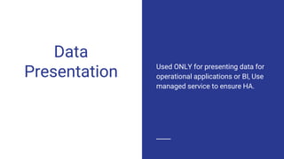 Data
Presentation Used ONLY for presenting data for
operational applications or BI, Use
managed service to ensure HA.
 