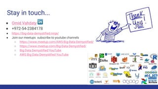 Stay in touch...
● Omid Vahdaty
● +972-54-2384178
● https://big-data-demystified.ninja/
● Join our meetups subscribe to youtube channels
○ https://www.meetup.com/AWS-Big-Data-Demystified/
○ https://www.meetup.com/Big-Data-Demystified/
○ Big Data Demystified YouTube
○ AWS Big Data Demystified YouTube
 