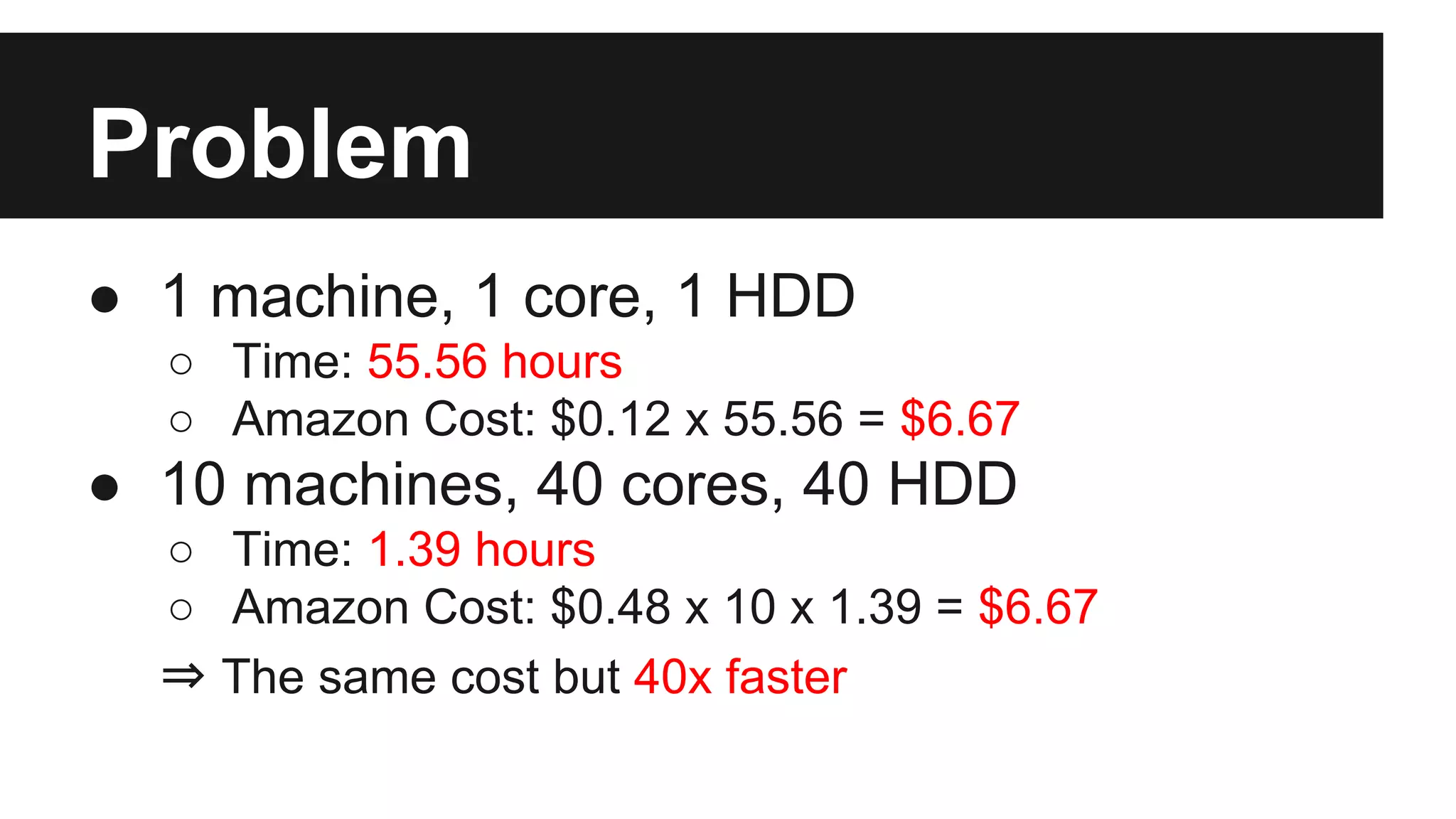 Problem
● 1 machine, 1 core, 1 HDD
○ Time: 55.56 hours
○ Amazon Cost: $0.12 x 55.56 = $6.67

● 10 machines, 40 cores, 40 HDD
○ Time: 1.39 hours
○ Amazon Cost: $0.48 x 10 x 1.39 = $6.67
⇒ The same cost but 40x faster

 